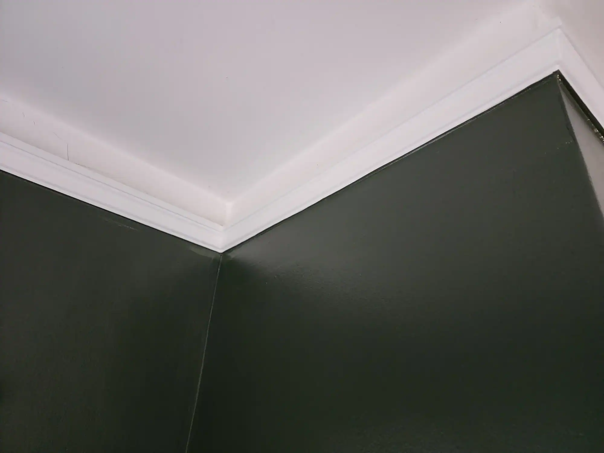 Interior residential painting Clean cut-in detail showing sharp line between dark green walls and white crown molding