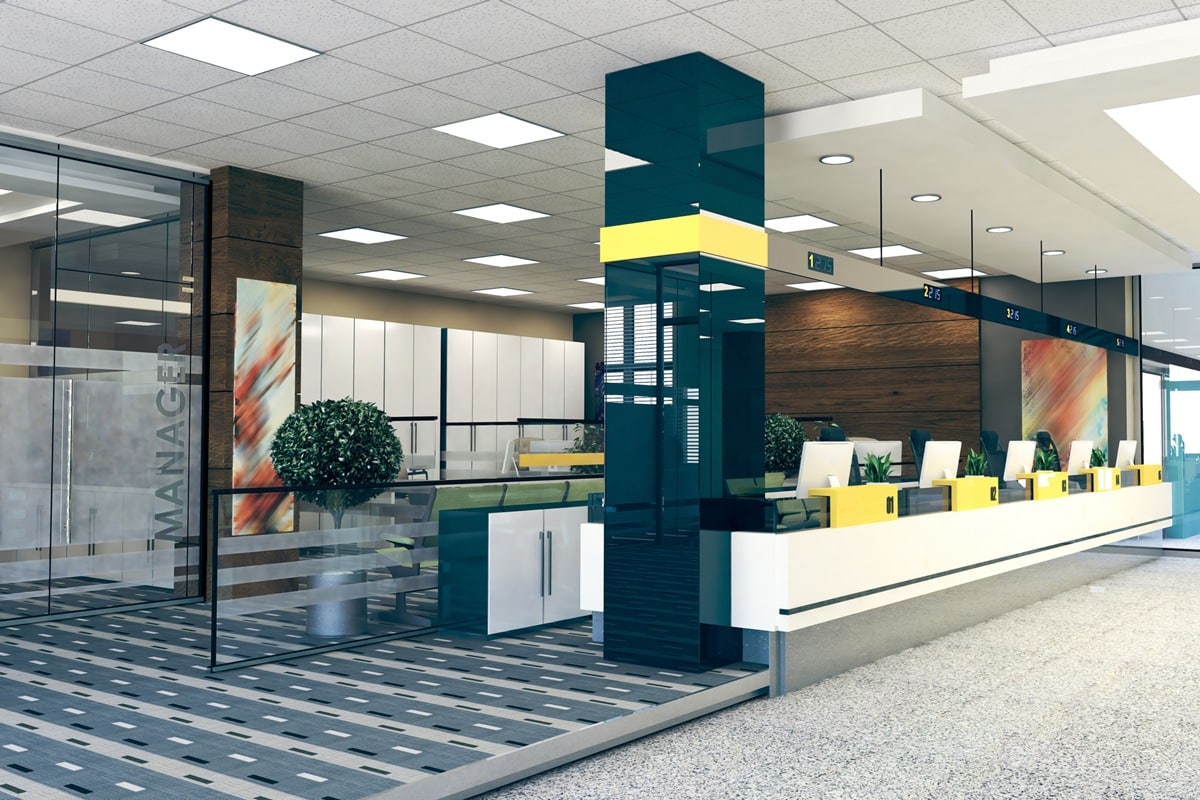 open space office perspective realistic 3D rendering